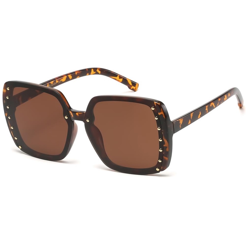(445) Oversized Round Square with Gold Detail Sunglasses - Tortoise